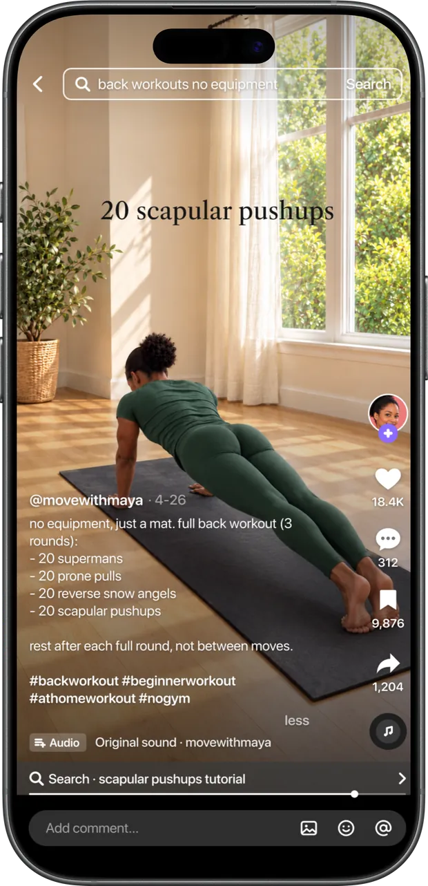 A saved workout video with the exercises listed in its caption