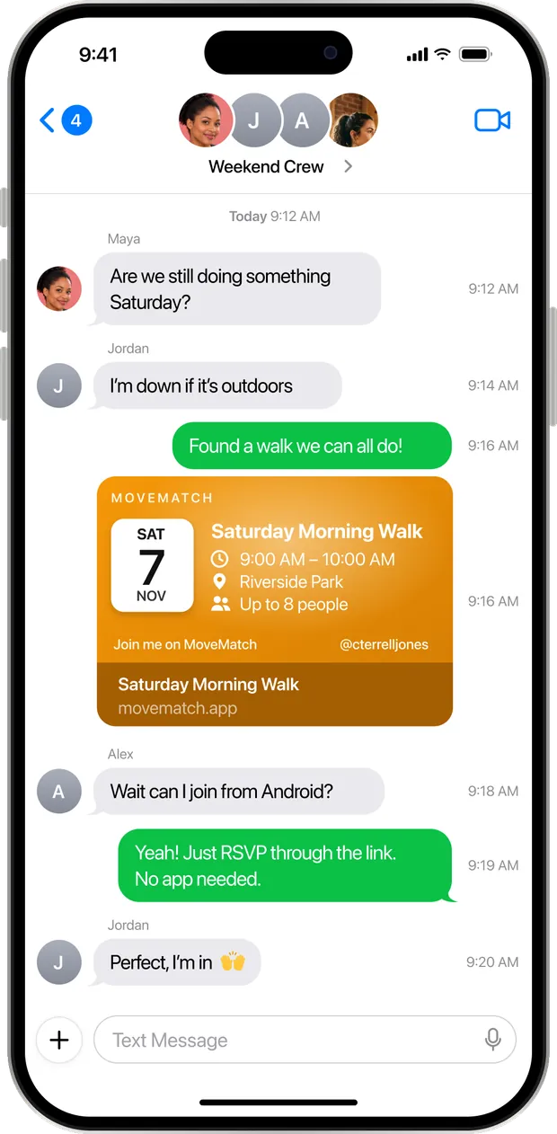 Group chat with a MoveMatch event invite card