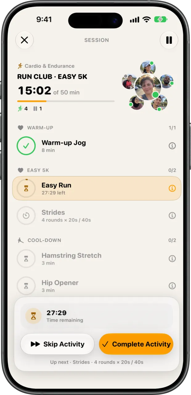 Workout player during a group run with a block timer and next activity