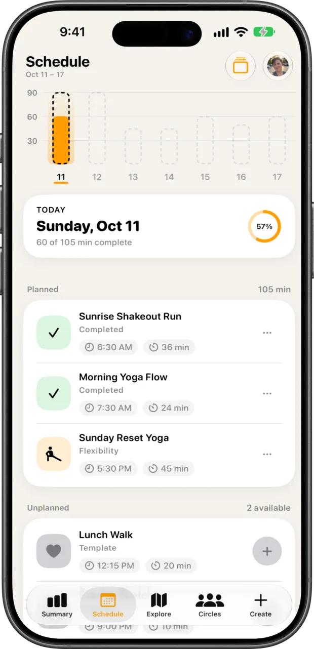 Schedule screen with today’s completed and planned workouts