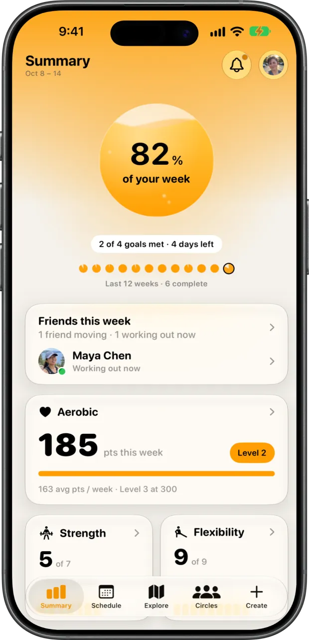 MoveMatch Summary screen: the weekly orb at 82%, friends this week, and Aerobic, Strength, and Flexibility goals