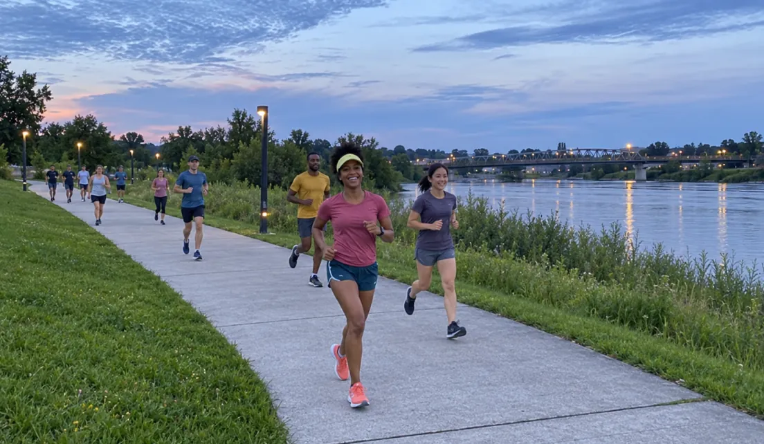 Run club jogging along a riverside path at dusk